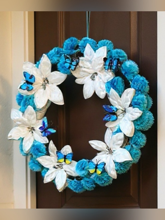 Hand Crafted Other - Blue & White Holiday Wreath with Butterfly Accents Hand Crafted